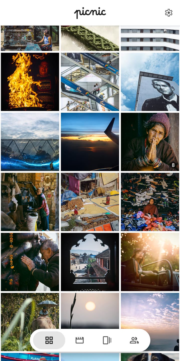 Picnic's Posts tab: a three-column grid of photos with a floating tab bar