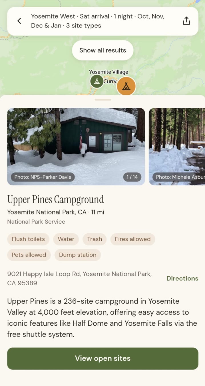 Campground result over a map, with photos, amenities, and description