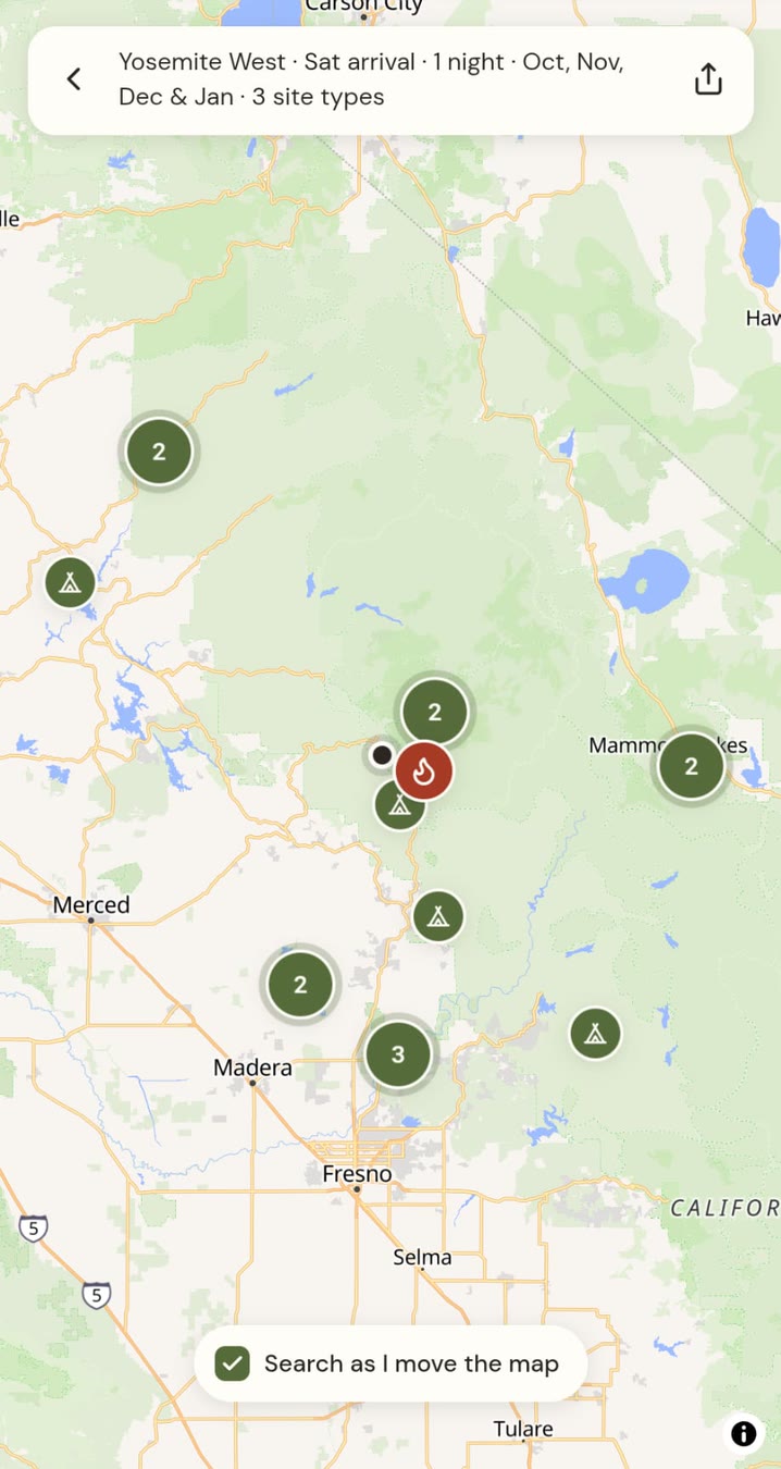 Map of campgrounds with open sites around Yosemite