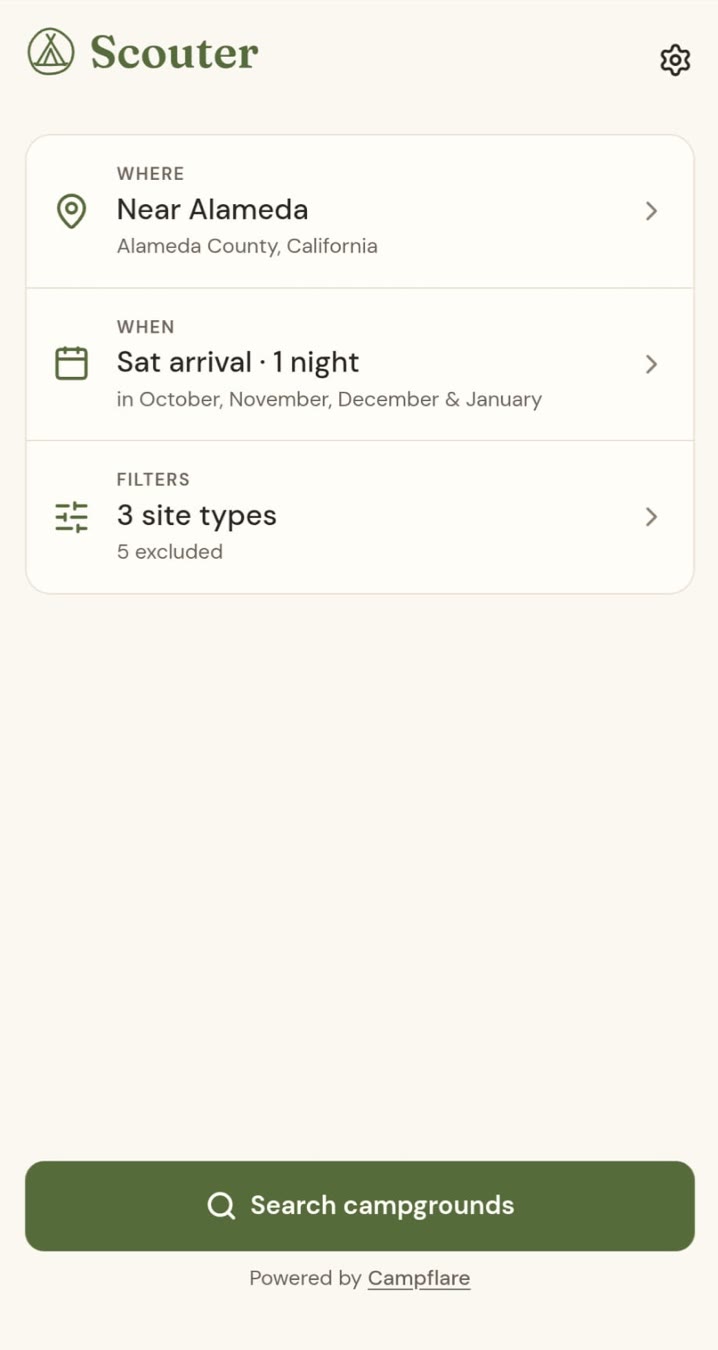 Scouter search screen: where, when, and site-type filters