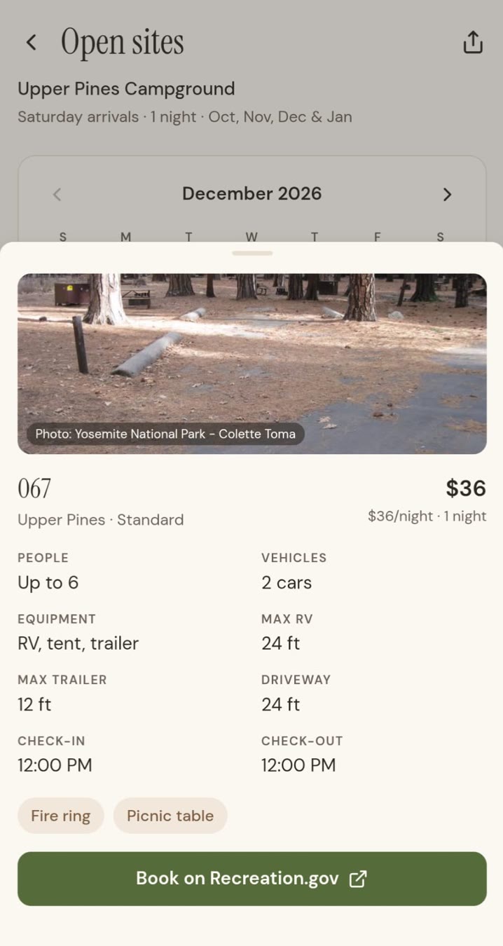 Details for an open campsite with price, limits, and a booking link